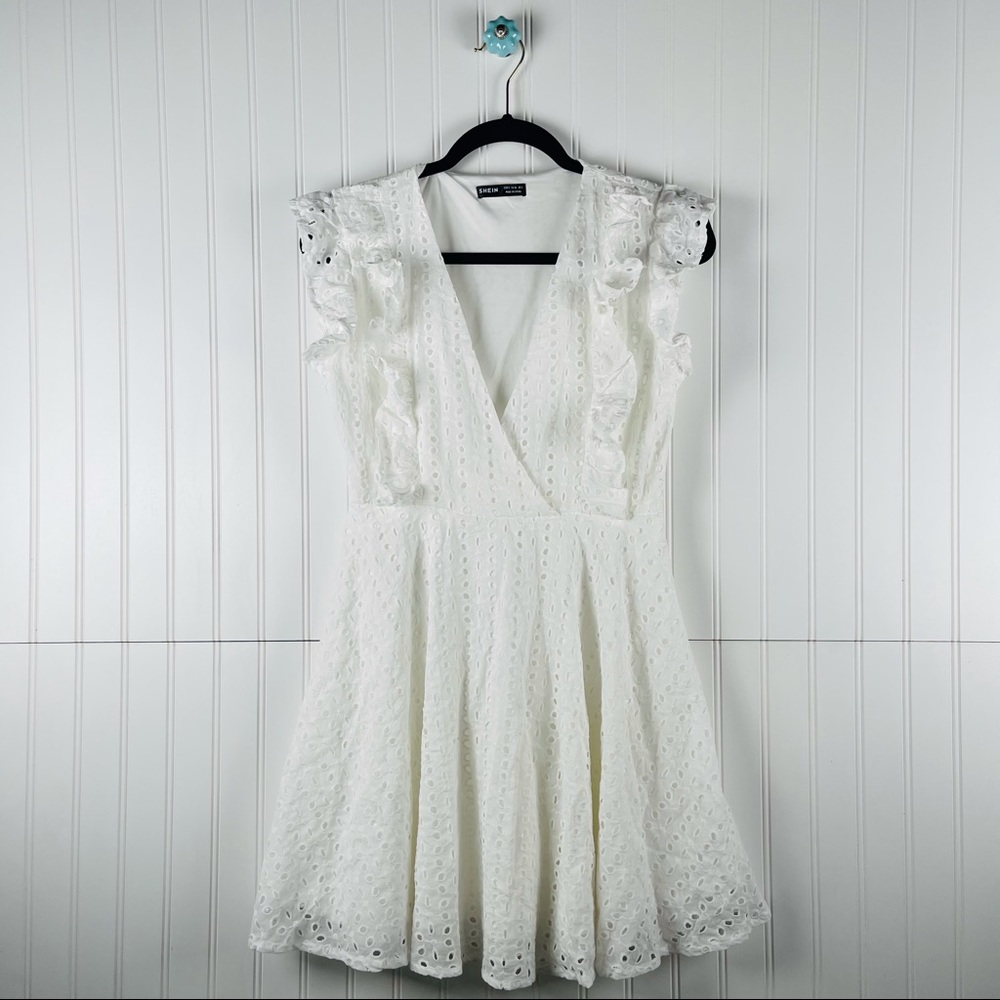 Shein ruffle floral eyelet white dress womans S/4